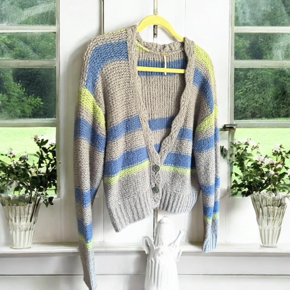 FREE PEOPLE Fine Time Sweater Cardigan‎ Wool Blend Striped M - Picture 5 of 11